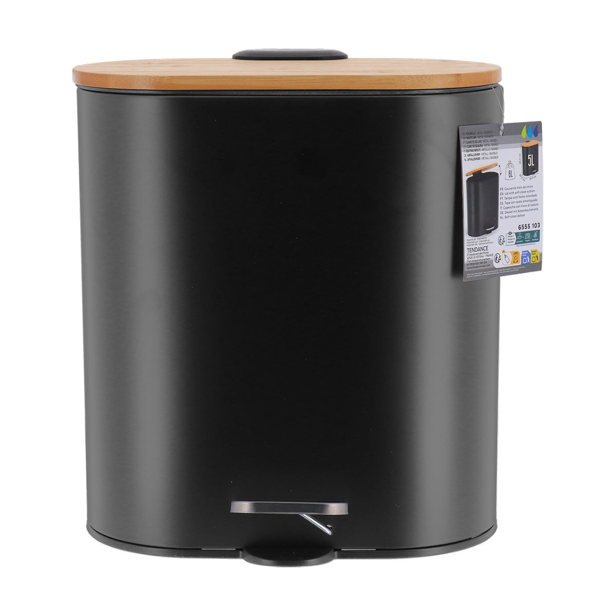 Coș de gunoi oval din metal 5L – capac bambus – sistem soft close – culoare Negru