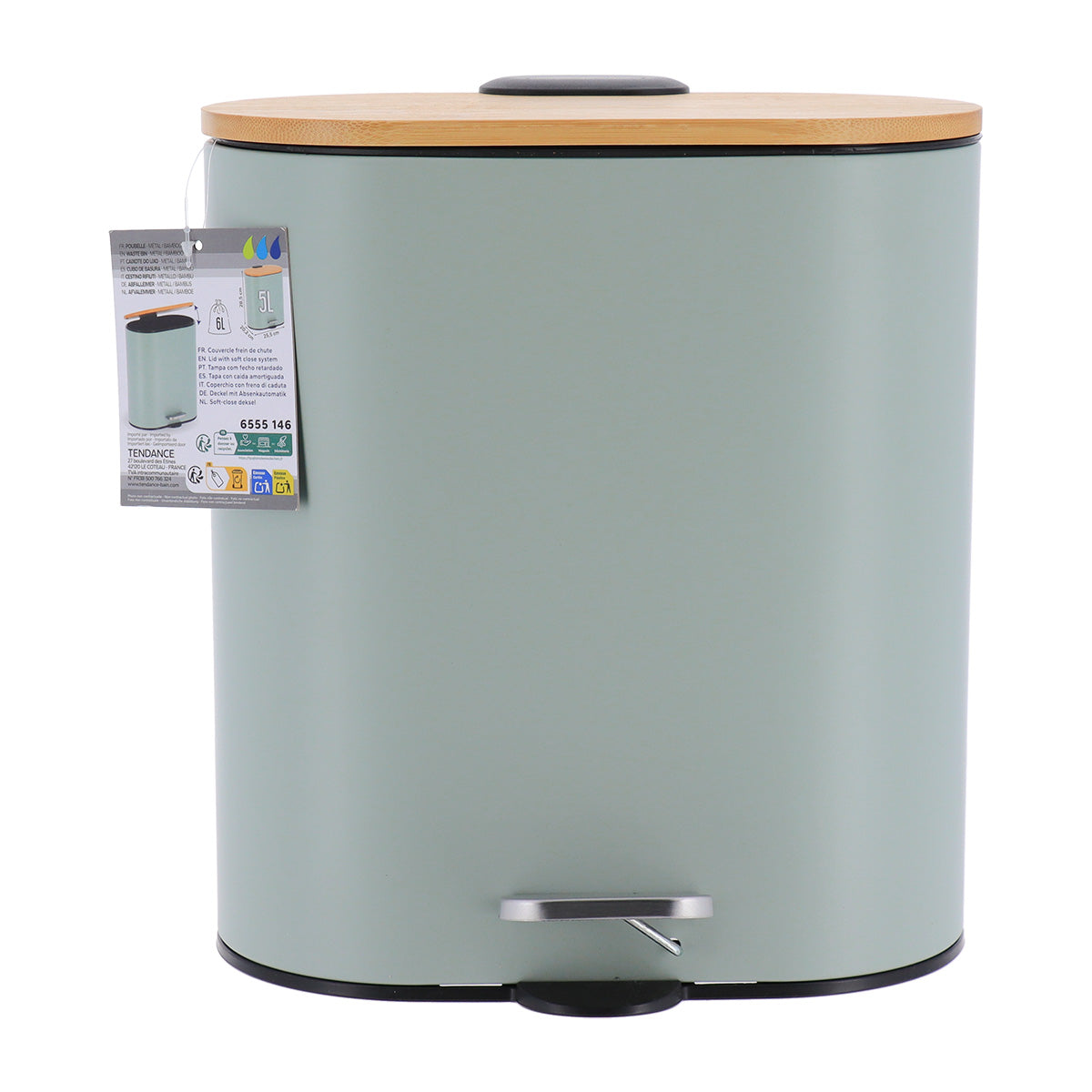 Coș de gunoi oval din metal 5L – capac bambus – sistem soft close – culoare EUCALYPTUS GREEN