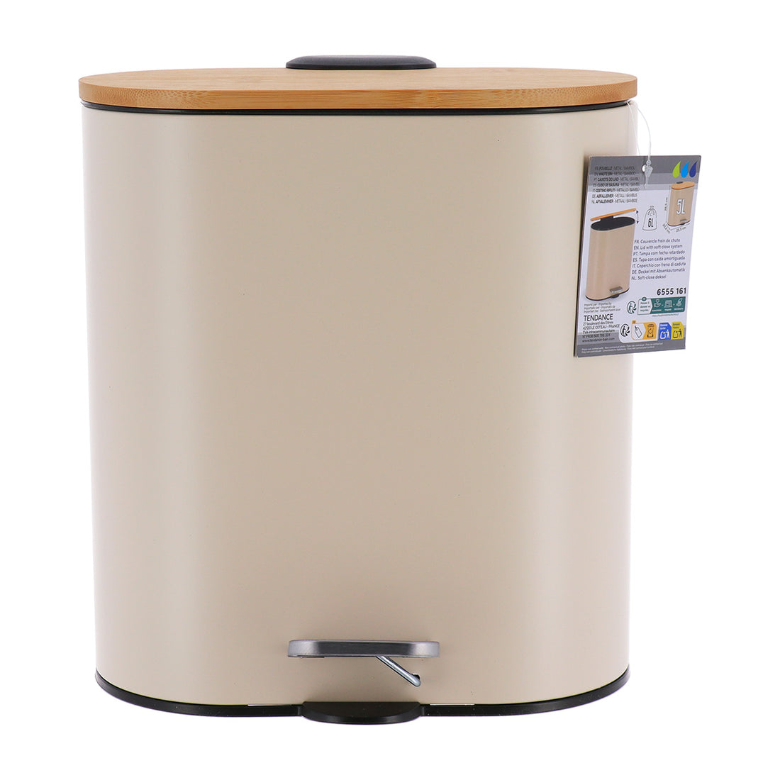 Coș de gunoi oval din metal 5L – capac bambus – sistem soft close – culoare NATURAL / CREAM