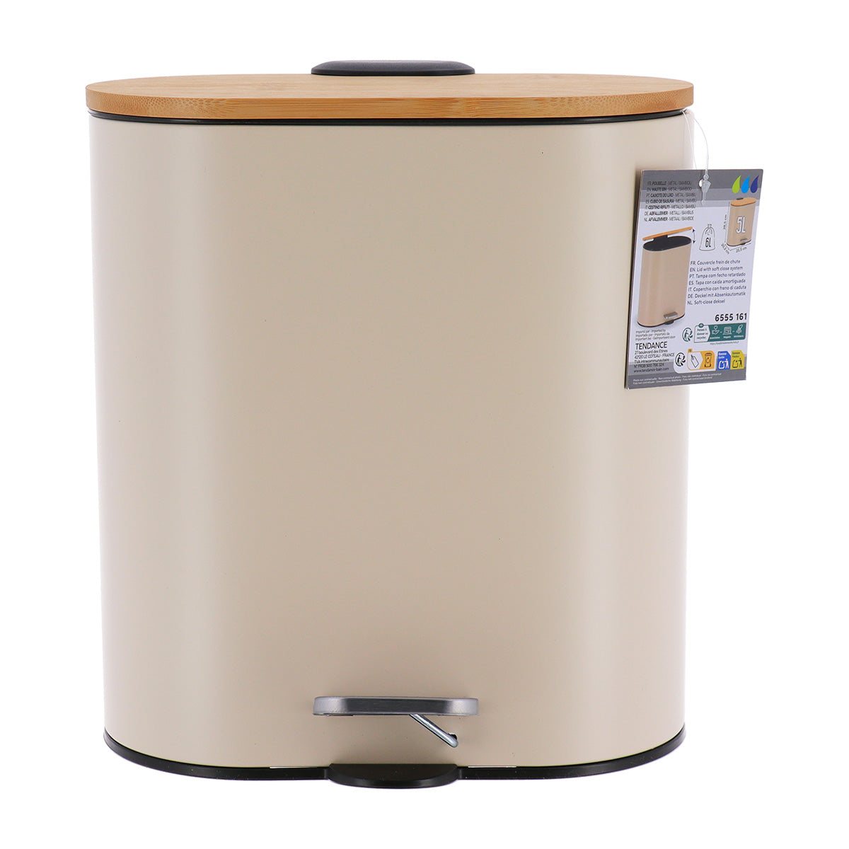 Coș de gunoi oval din metal 5L – capac bambus – sistem soft close – culoare NATURAL / CREAM