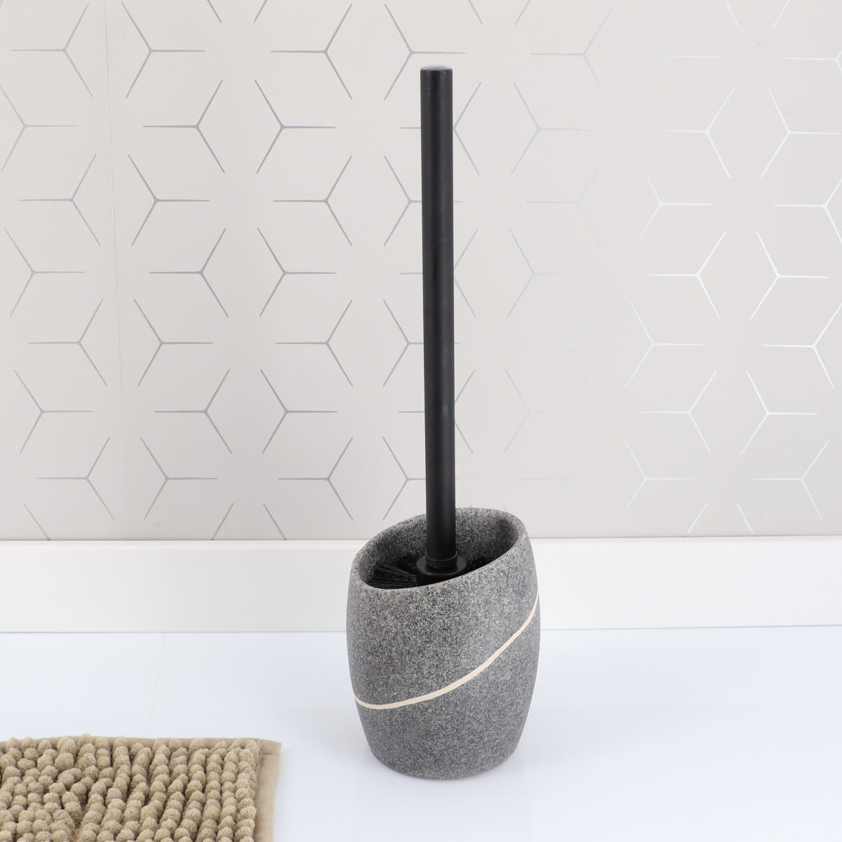 Perie de toaletă rotundă din polirășină cu efect de piatră – gri