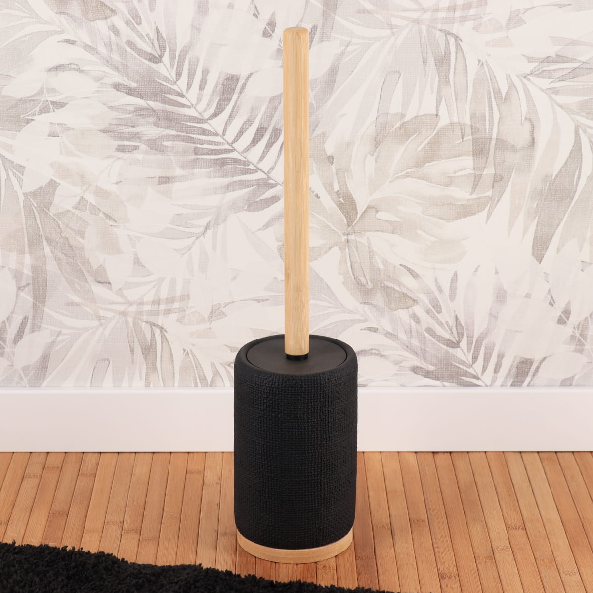 Perie de toaletă din polirășină cu efect plasă și tijă din bambus – negru