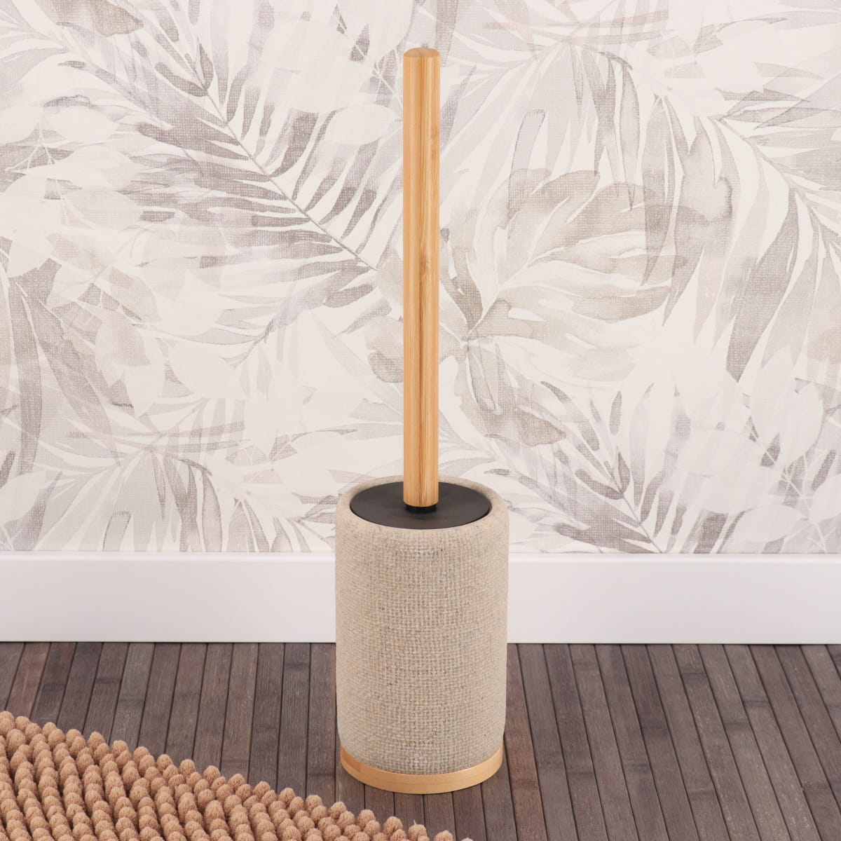 Perie de toaletă din polirășină cu efect plasă și tijă din bambus – natural