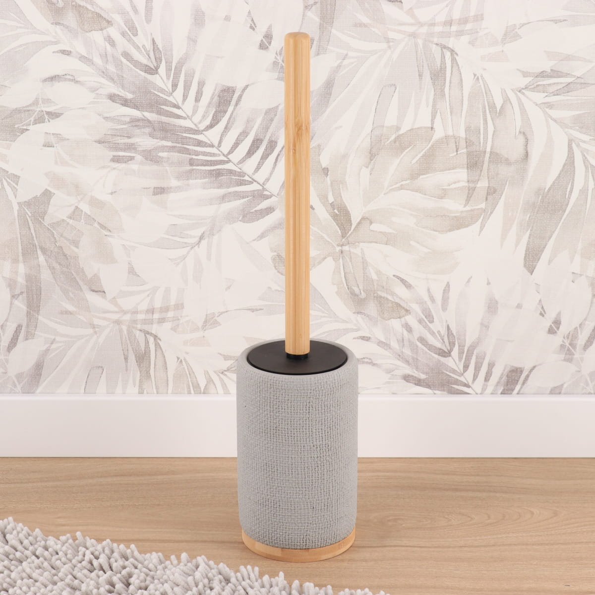 Perie de toaletă din polirășină cu efect plasă și tijă din bambus – gri