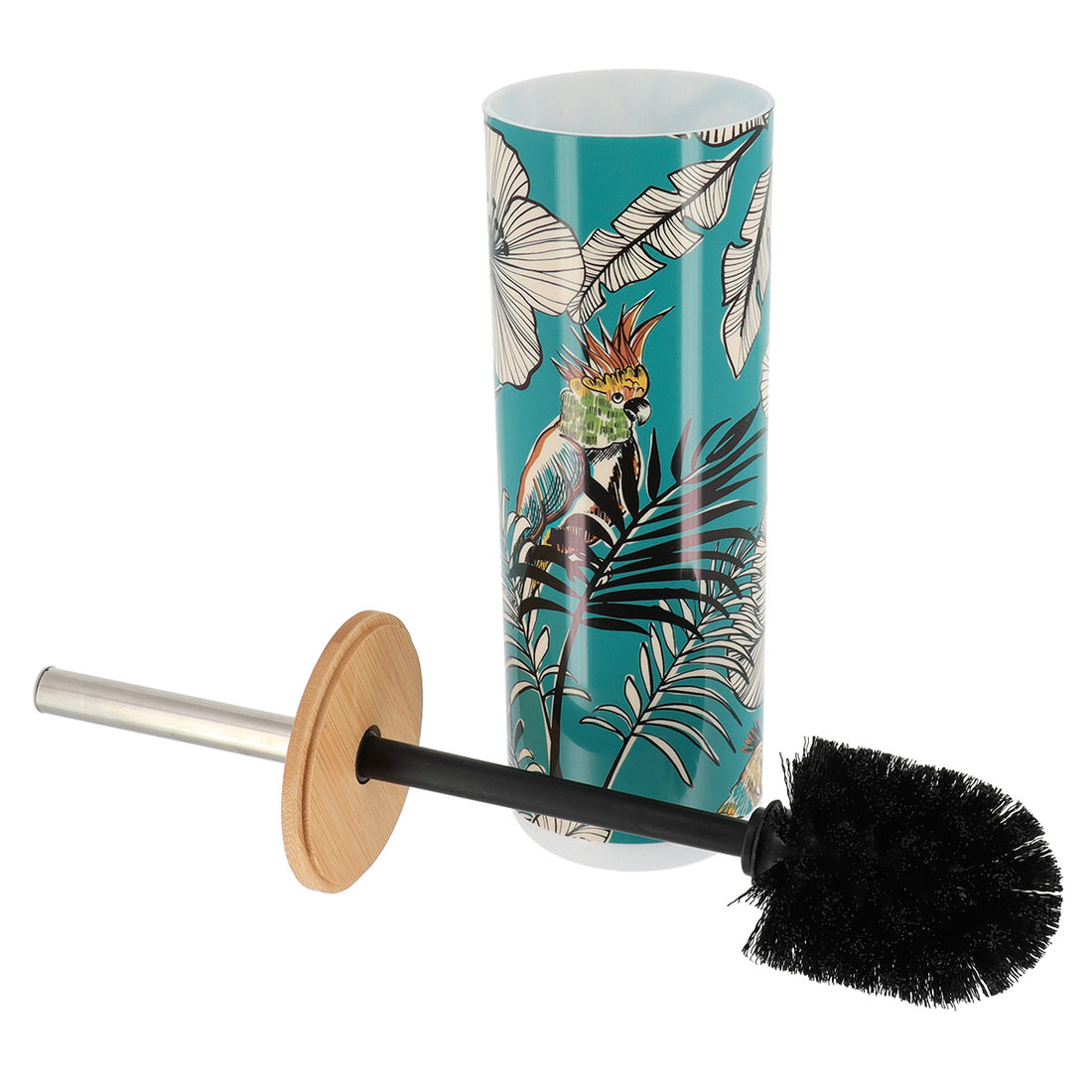 Perie de toaletă din polistiren imprimat cu capac din bambus – model Jungle Fever Bleu
