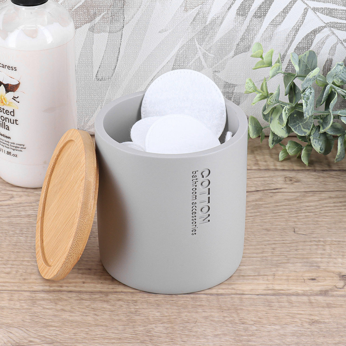 Cutie Timeless din rășină cu capac din bambus – Gri transparent