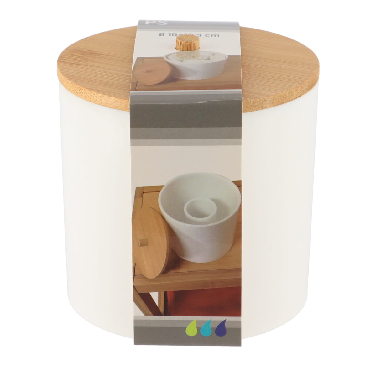 Cutie rotundă din plastic PS cu capac bambus pentru dischete și bețișoare – alb / bambus