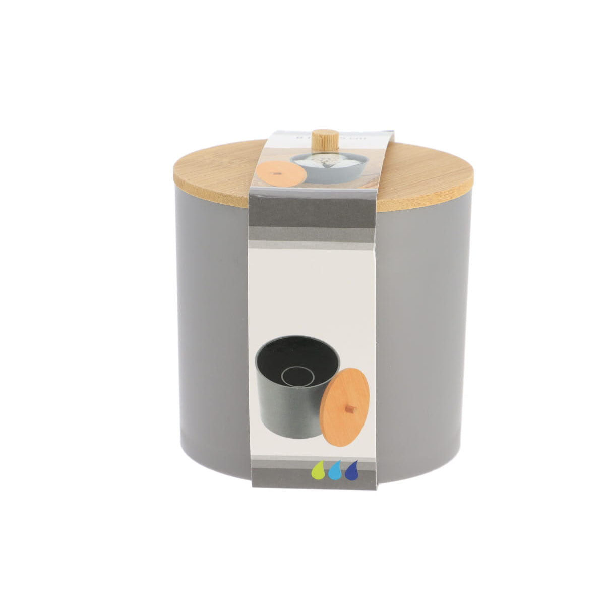 Cutie rotundă din plastic PS cu capac bambus pentru dischete și bețișoare – gri / bambus