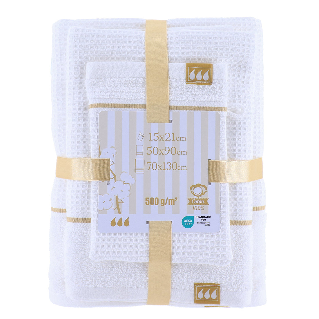 Set 3 piese baie Timeless 100% bumbac – Alb/Auriu