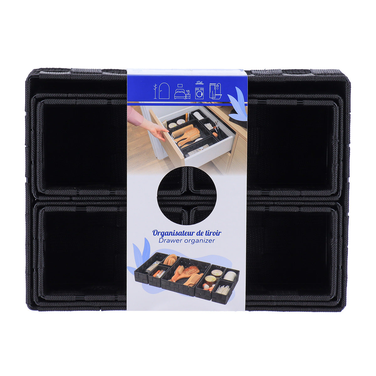 Organizator împletit din poliester pentru sertar cu 7 compartimente – Negru