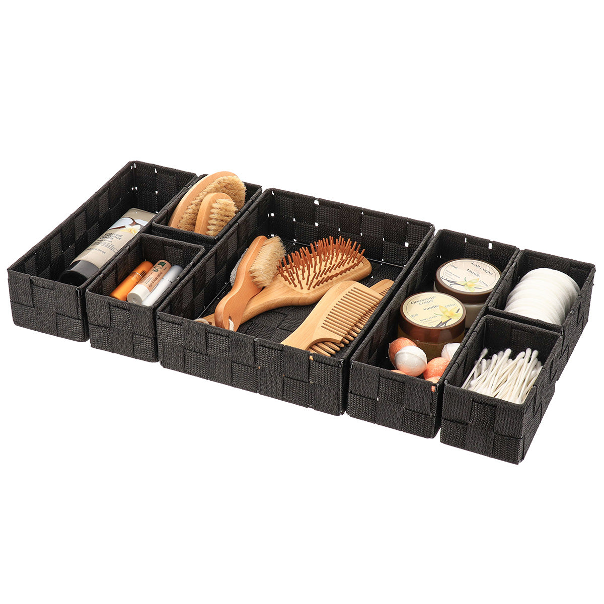 Organizator împletit din poliester pentru sertar cu 7 compartimente – Negru