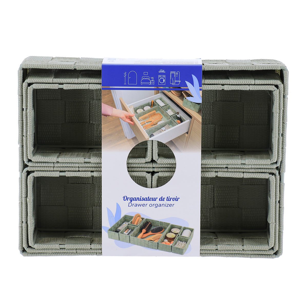 Organizator împletit din poliester pentru sertar cu 7 compartimente – Verde salvie