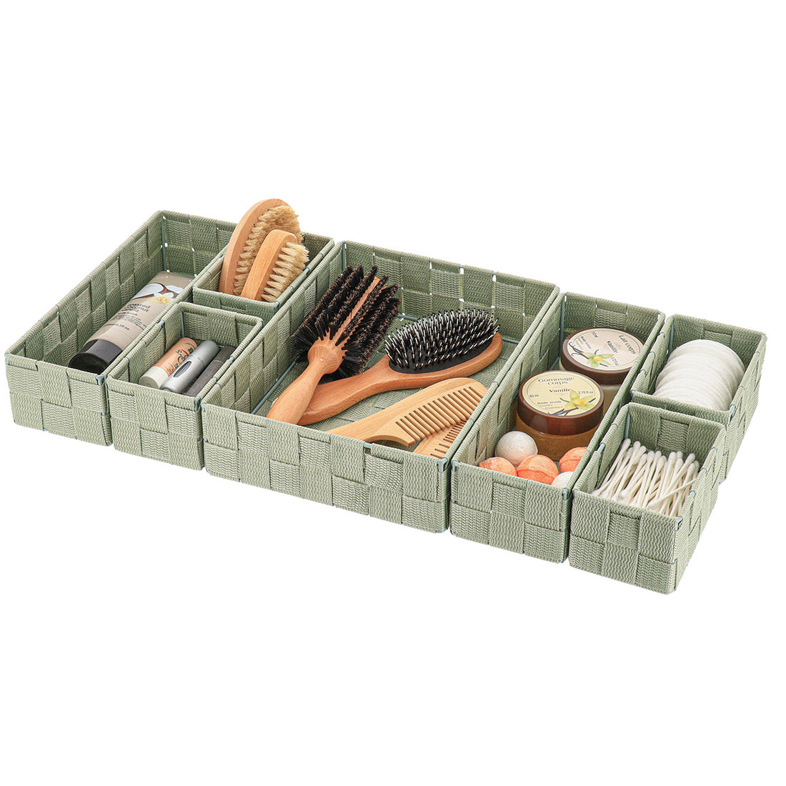 Organizator împletit din poliester pentru sertar cu 7 compartimente – Verde salvie