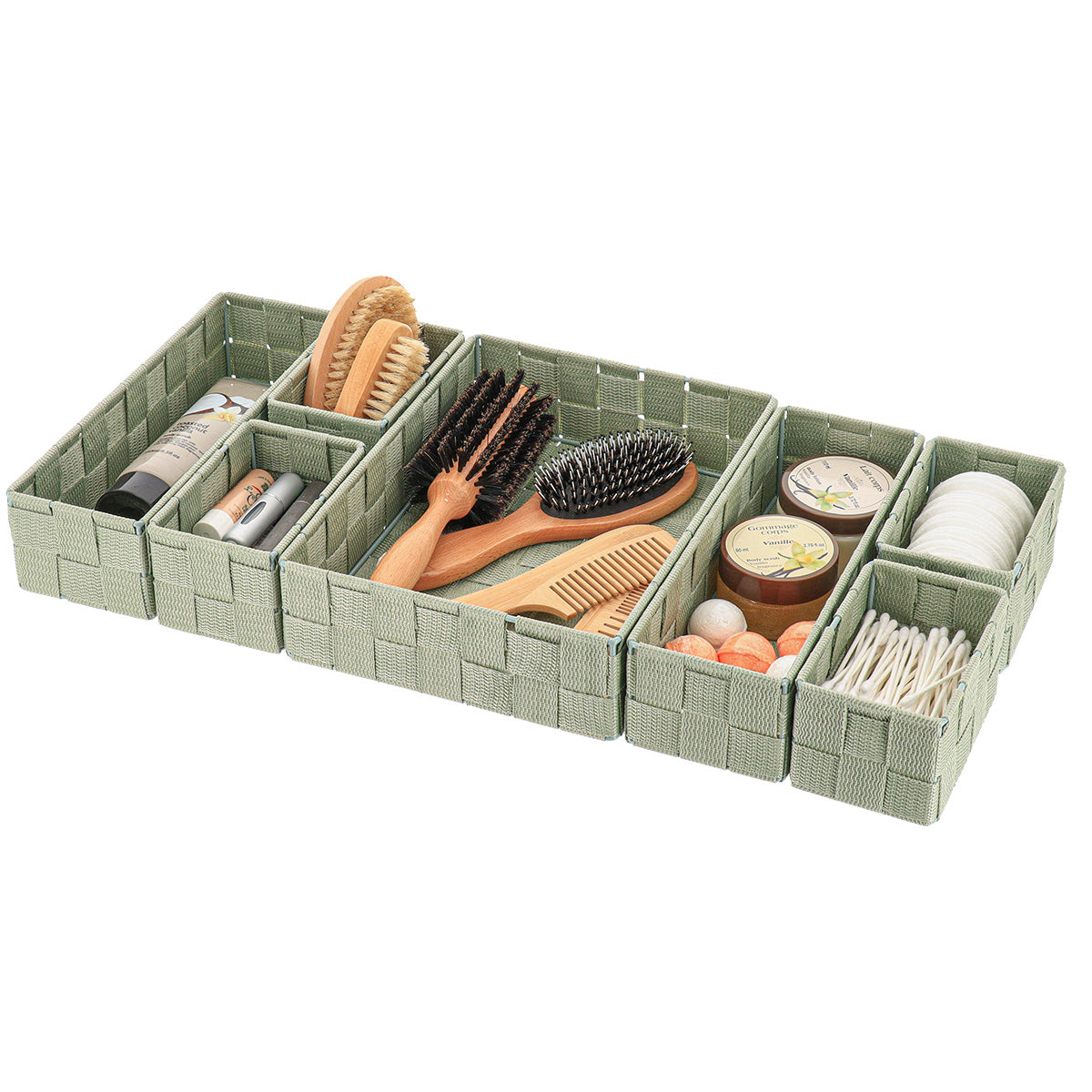 Organizator împletit din poliester pentru sertar cu 7 compartimente – Verde salvie