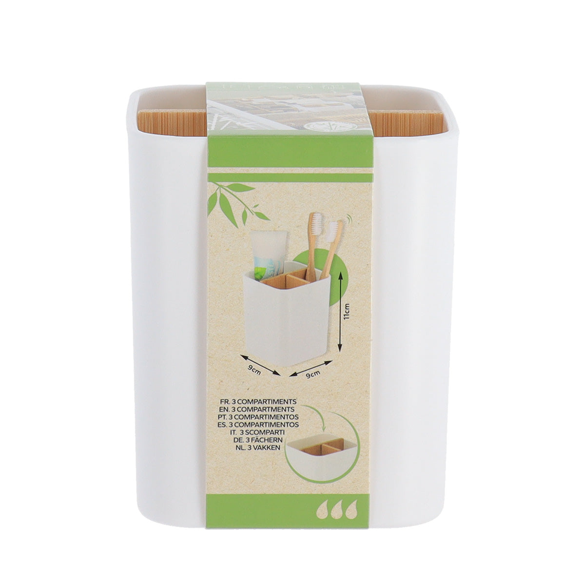 Organizator pătrat cu 3 compartimente plastic/bambus – Alb mat