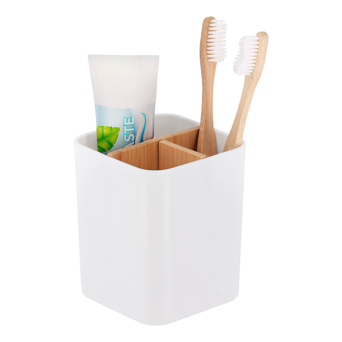 Organizator pătrat cu 3 compartimente plastic/bambus – Alb mat