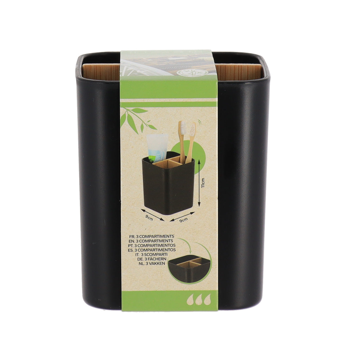 Organizator pătrat cu 3 compartimente plastic/bambus – Negru mat