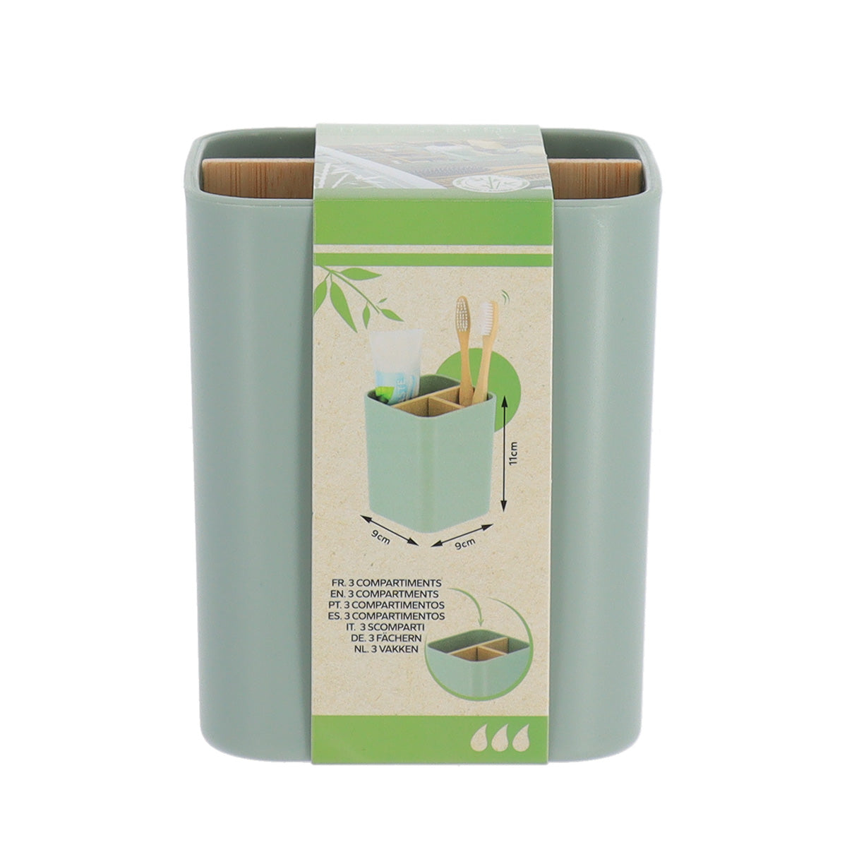 Organizator pătrat cu 3 compartimente plastic/bambus – Verde salvie