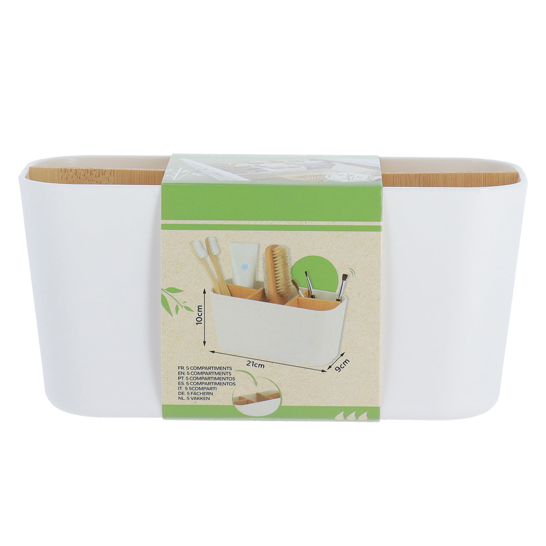 Organizator dreptunghiular cu 5 compartimente plastic/bambus – Alb mat