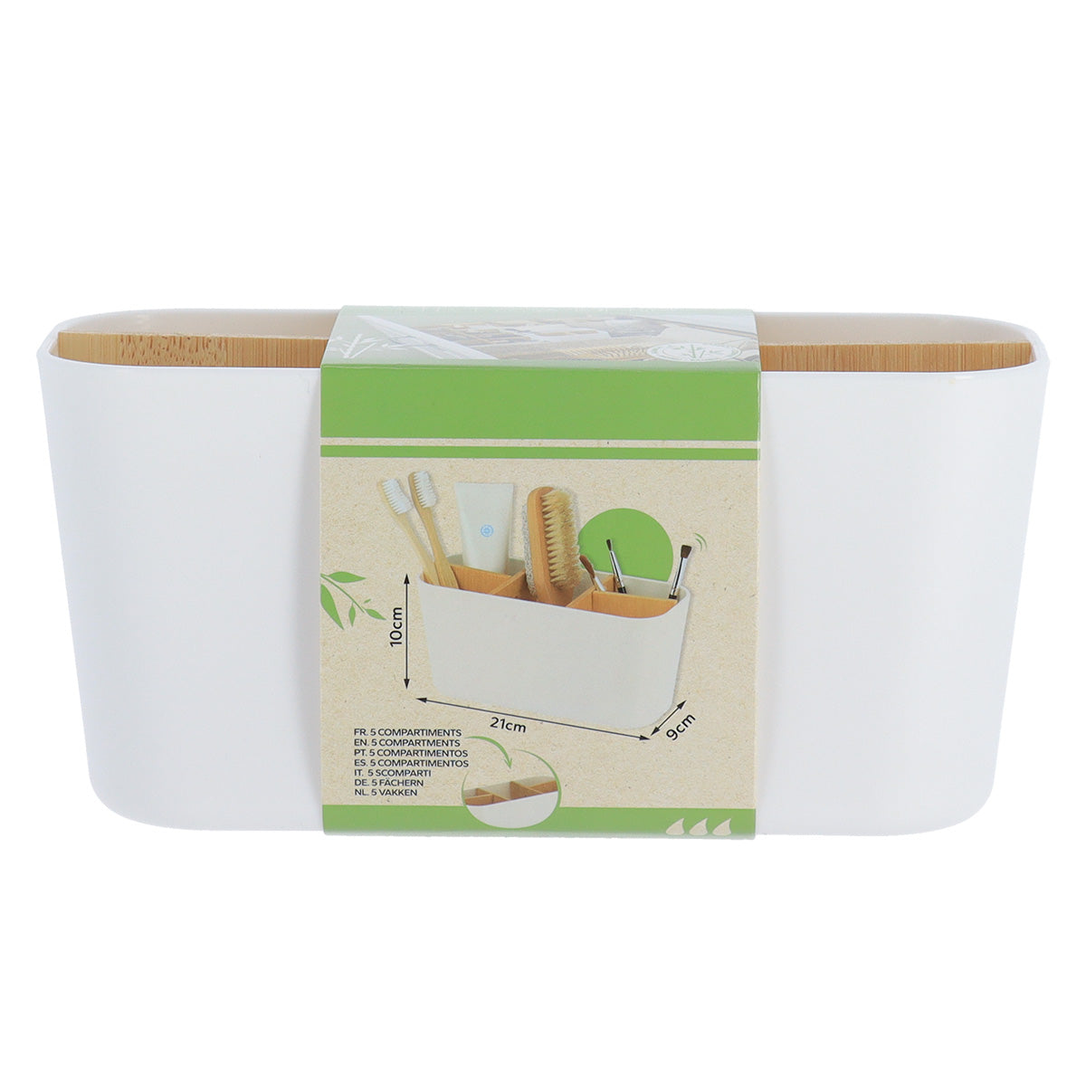 Organizator dreptunghiular cu 5 compartimente plastic/bambus – Alb mat