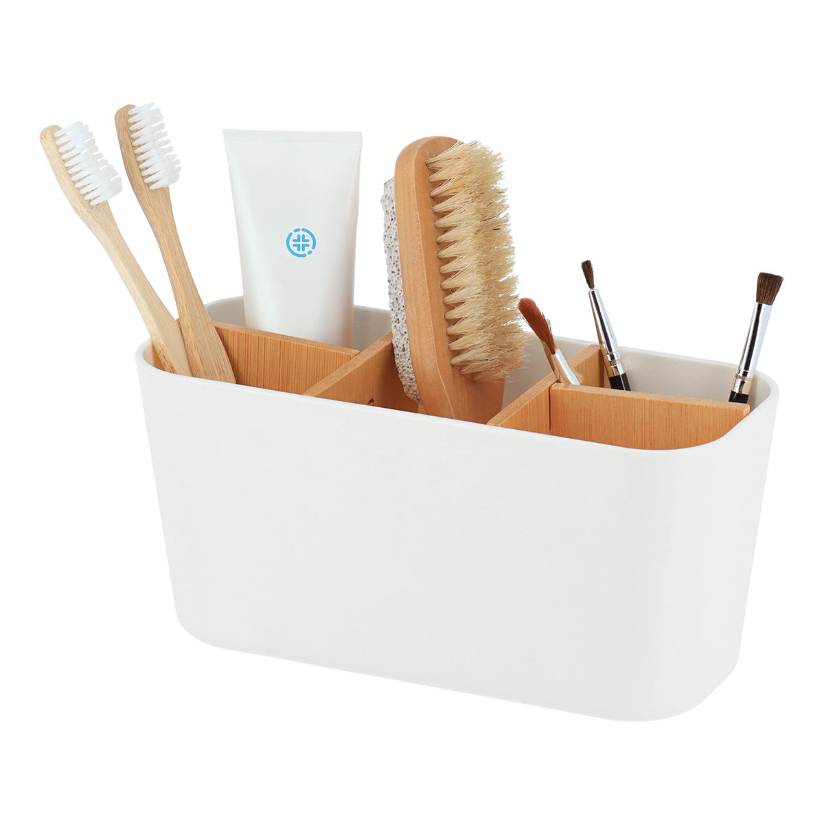 Organizator dreptunghiular cu 5 compartimente plastic/bambus – Alb mat