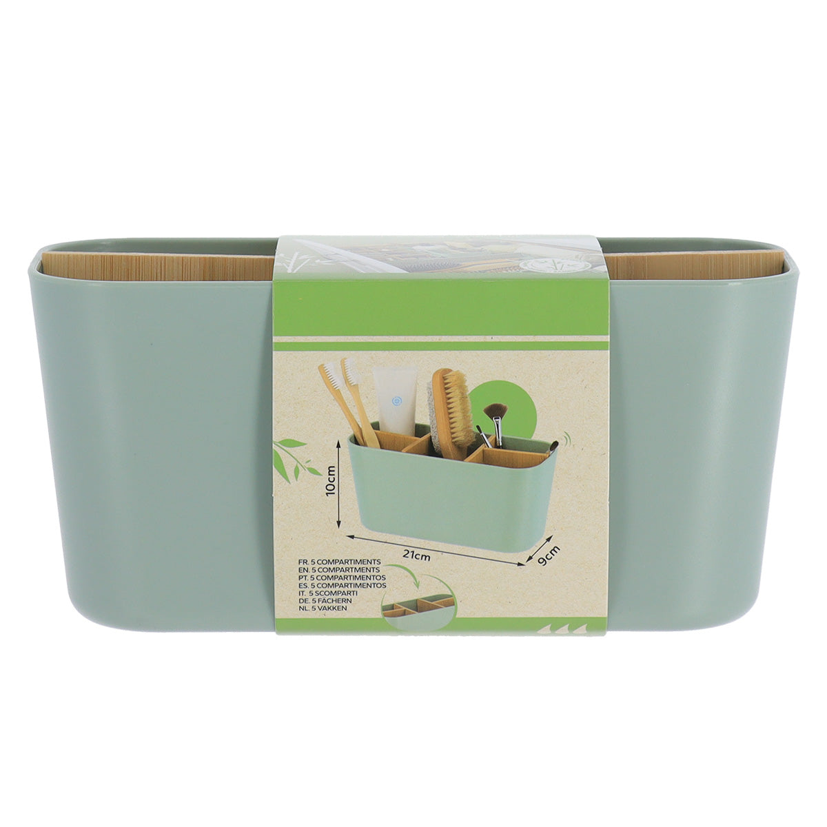 Organizator dreptunghiular cu 5 compartimente plastic/bambus – Verde salvie