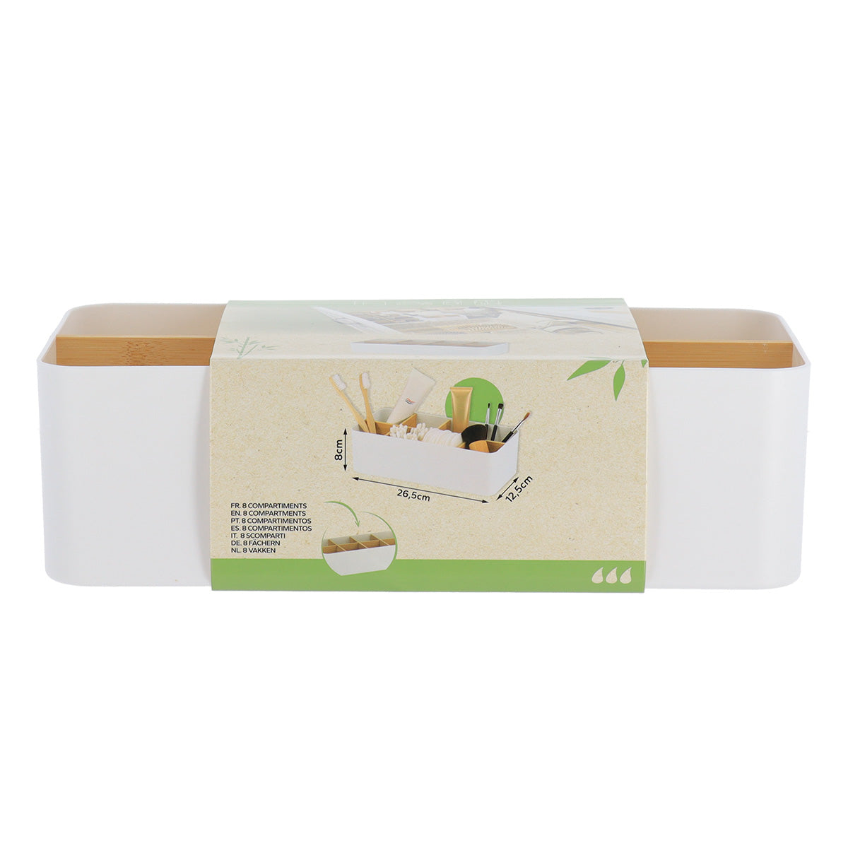 Organizator dreptunghiular cu 8 compartimente plastic/bambus – Alb mat