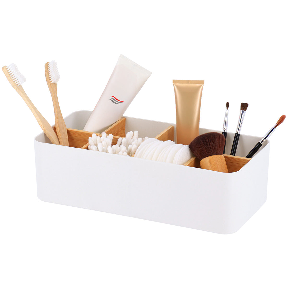 Organizator dreptunghiular cu 8 compartimente plastic/bambus – Alb mat