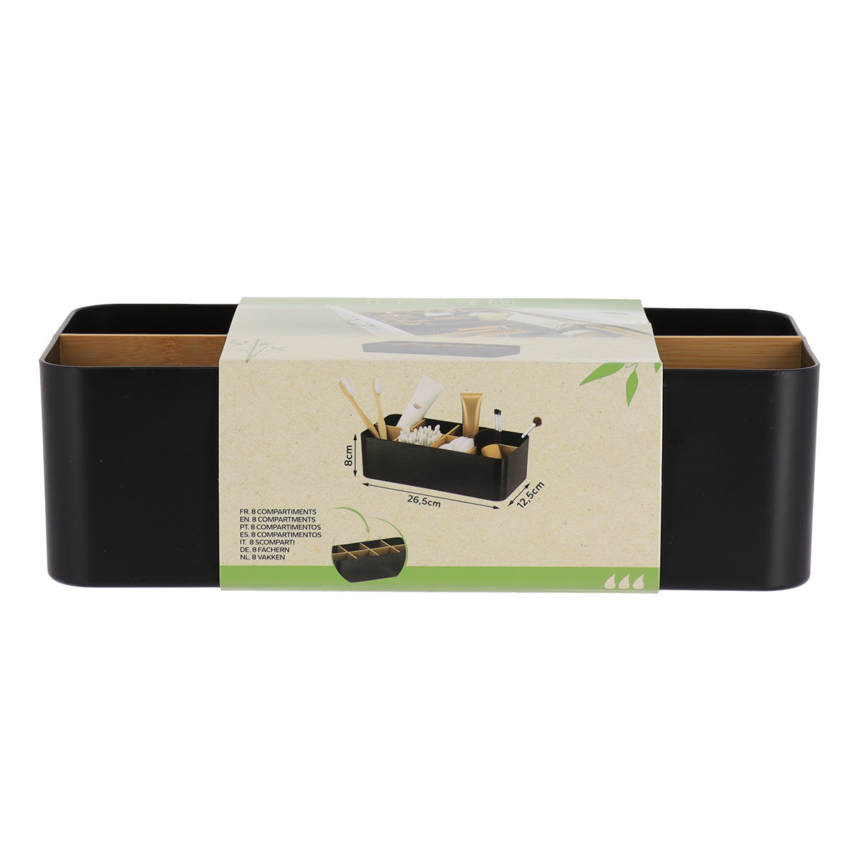 Organizator dreptunghiular cu 8 compartimente plastic/bambus – Negru mat