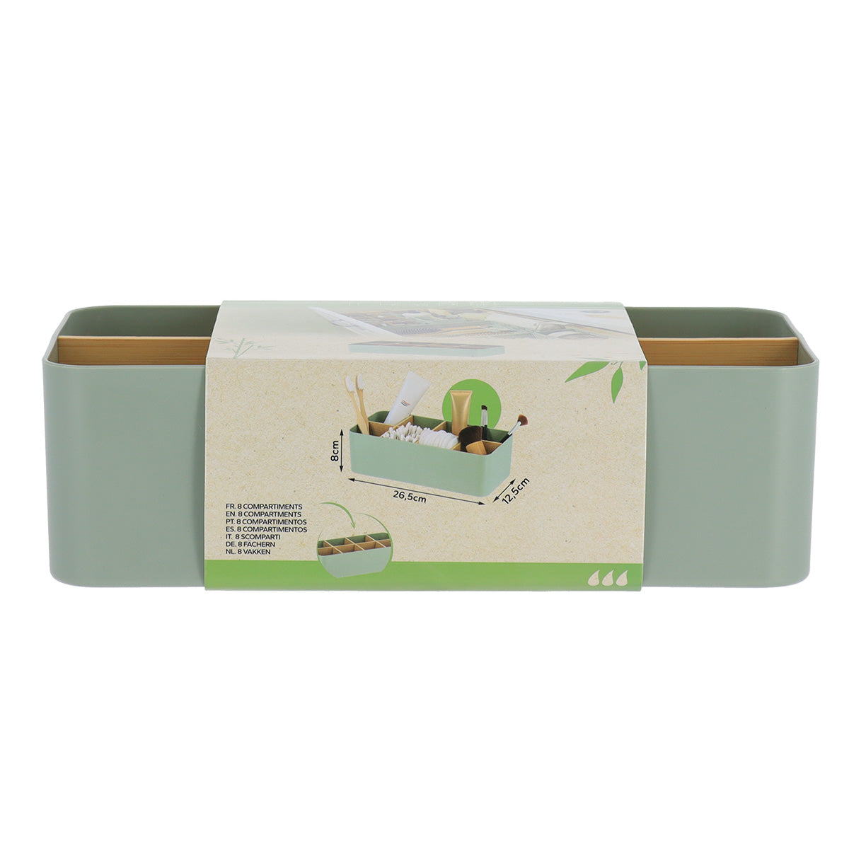 Organizator dreptunghiular cu 8 compartimente plastic/bambus – Verde salvie