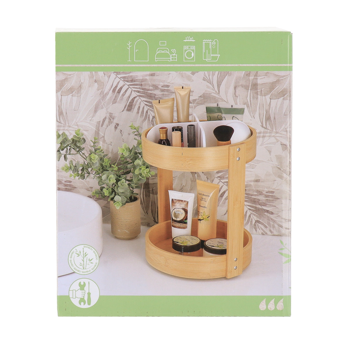 Organizator rotativ din bambus cu 2 niveluri – Alb mat