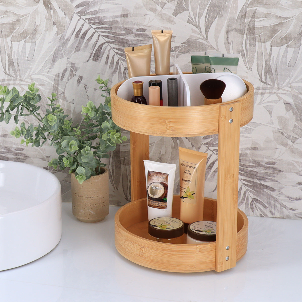 Organizator rotativ din bambus cu 2 niveluri – Alb mat