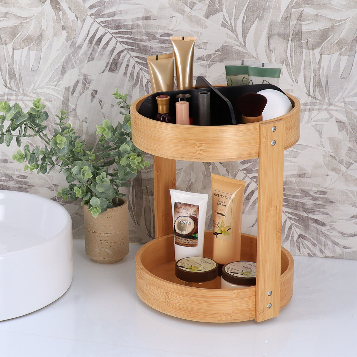 Organizator rotativ din bambus cu 2 niveluri – Negru mat