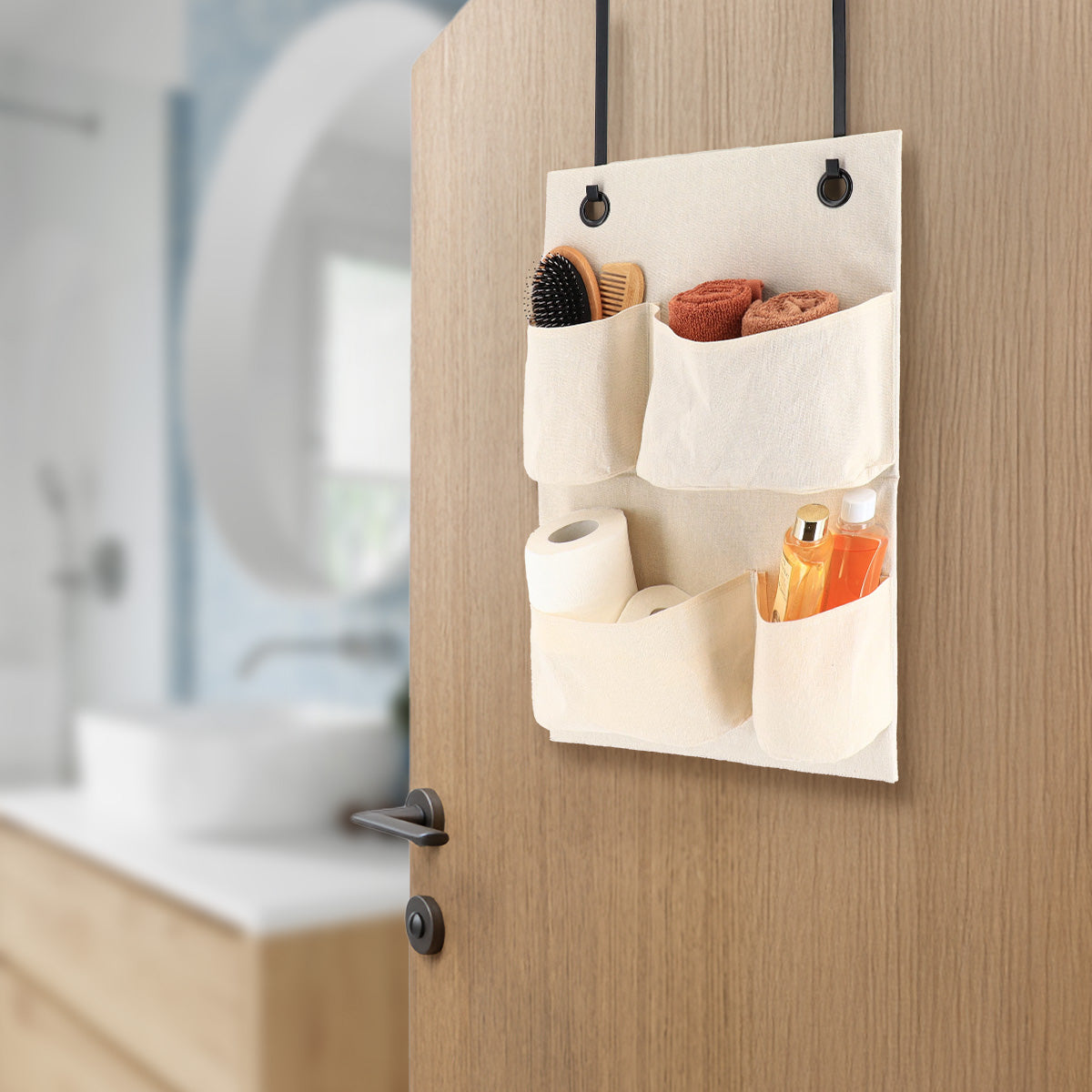 Organizator de ușă din poliester cu 4 buzunare – Bej