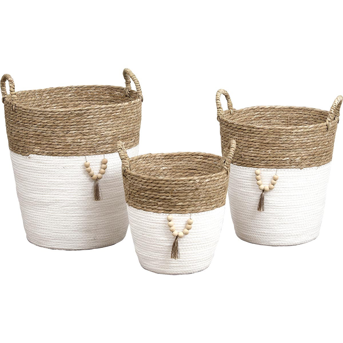 Set 3 coșuri rufe rotunde din iarbă de mare și hârtie cu decor – Natural/Alb