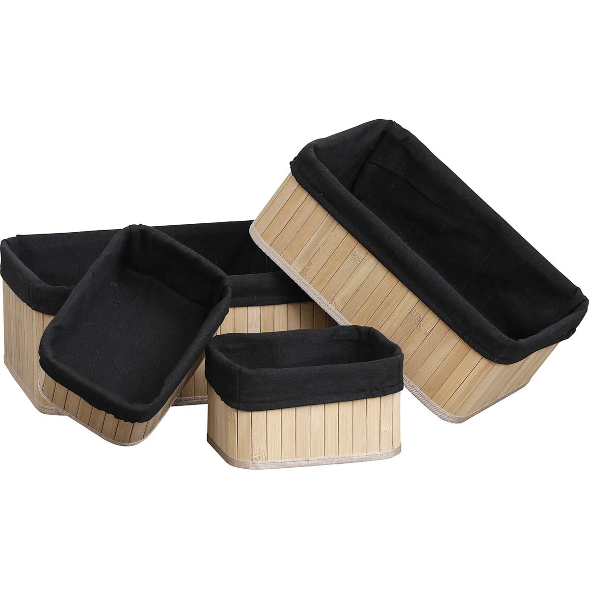 Set 4 coșuri dreptunghiulare din bambus – Bambus natur / Textil negru