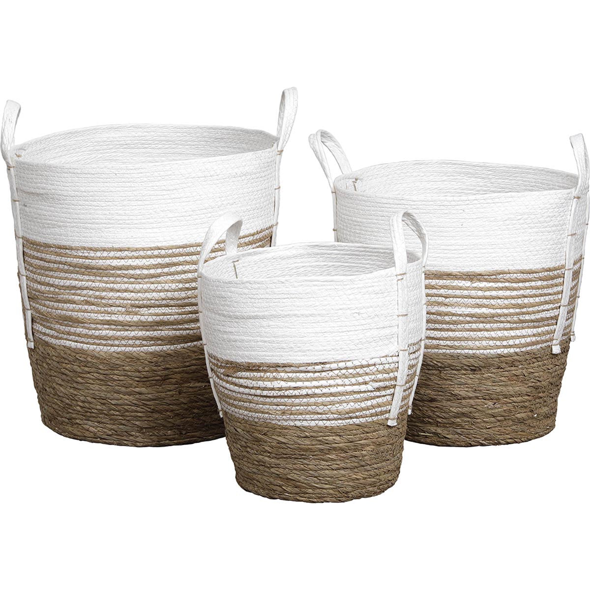 Set 3 coșuri rufe rotunde din iarbă de mare și hârtie – Natural/Alb