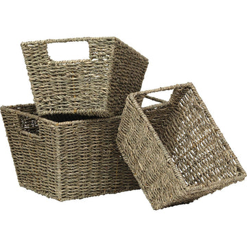 Set de 3 Coșuri Evazate din Iarbă de Mare cu Mânere - Natural