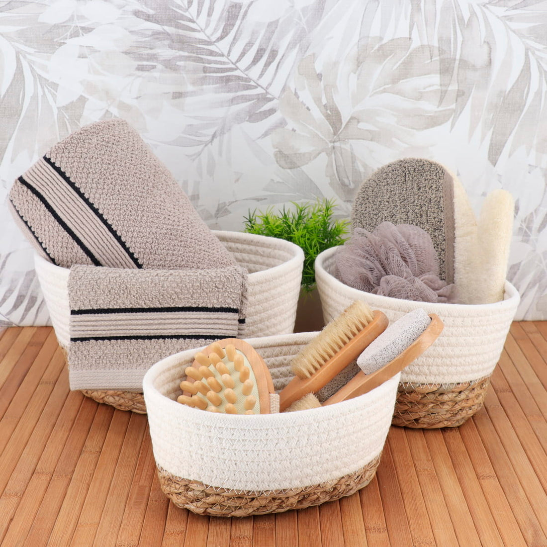 Set 3 coșuri dreptunghiulare din bumbac și iarbă de mare – Alb/Natural