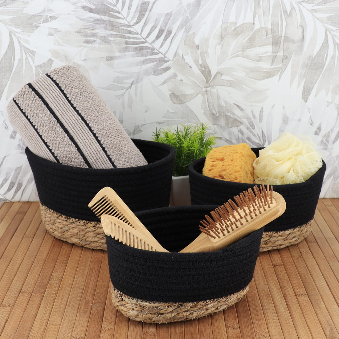 Set 3 coșuri dreptunghiulare din bumbac și iarbă de mare – Negru/Natural