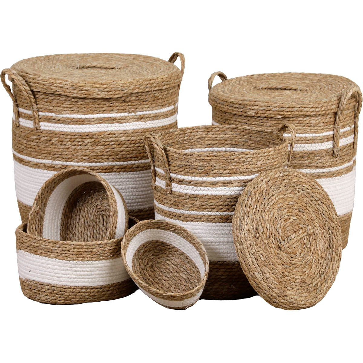 Set 3 coșuri rufe rotunde cu capac și coș de depozitare din paie și bumbac – Natural/Alb