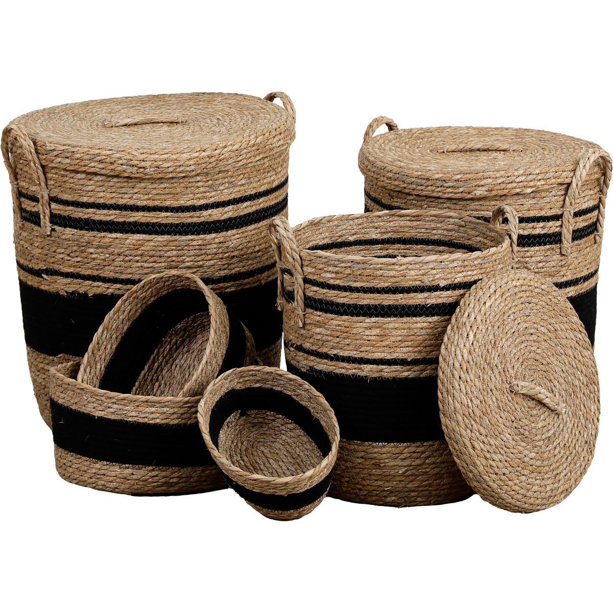 Set 3 coșuri rufe rotunde cu capac și 3 coșuri de depozitare din paie și bumbac – Natural/Negru