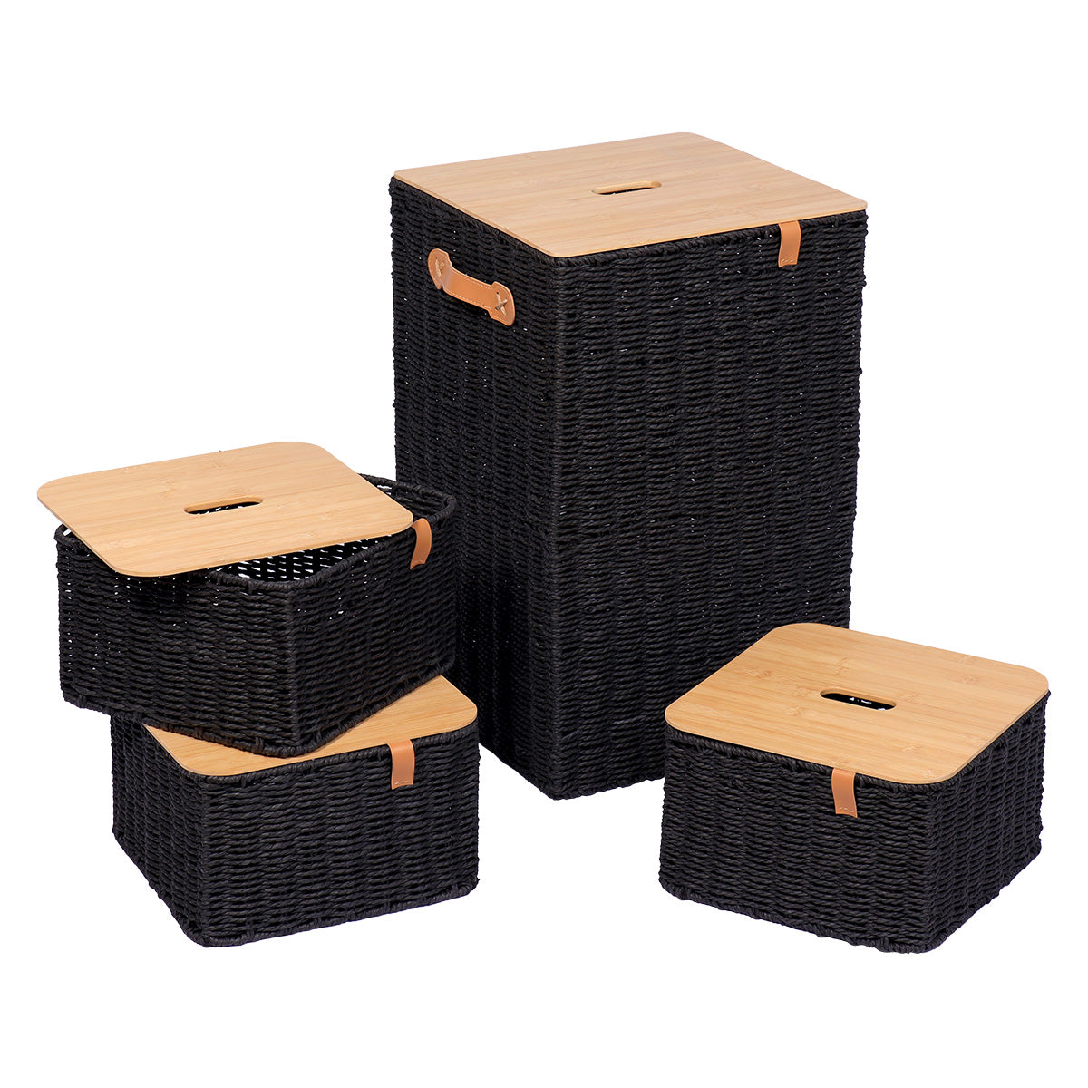 Set 4 coșuri din hârtie și metal cu capac din bambus – Negru