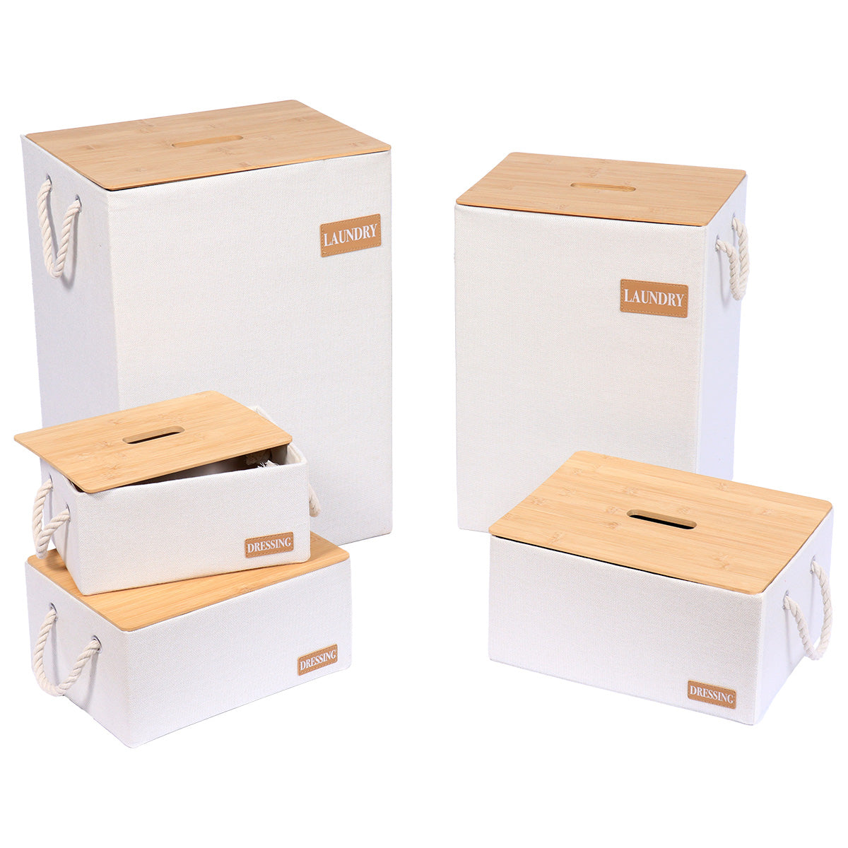 Set 5 coșuri din poliester și carton cu capac din bambus – Alb