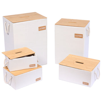 Set 5 coșuri din poliester și carton cu capac din bambus – Alb