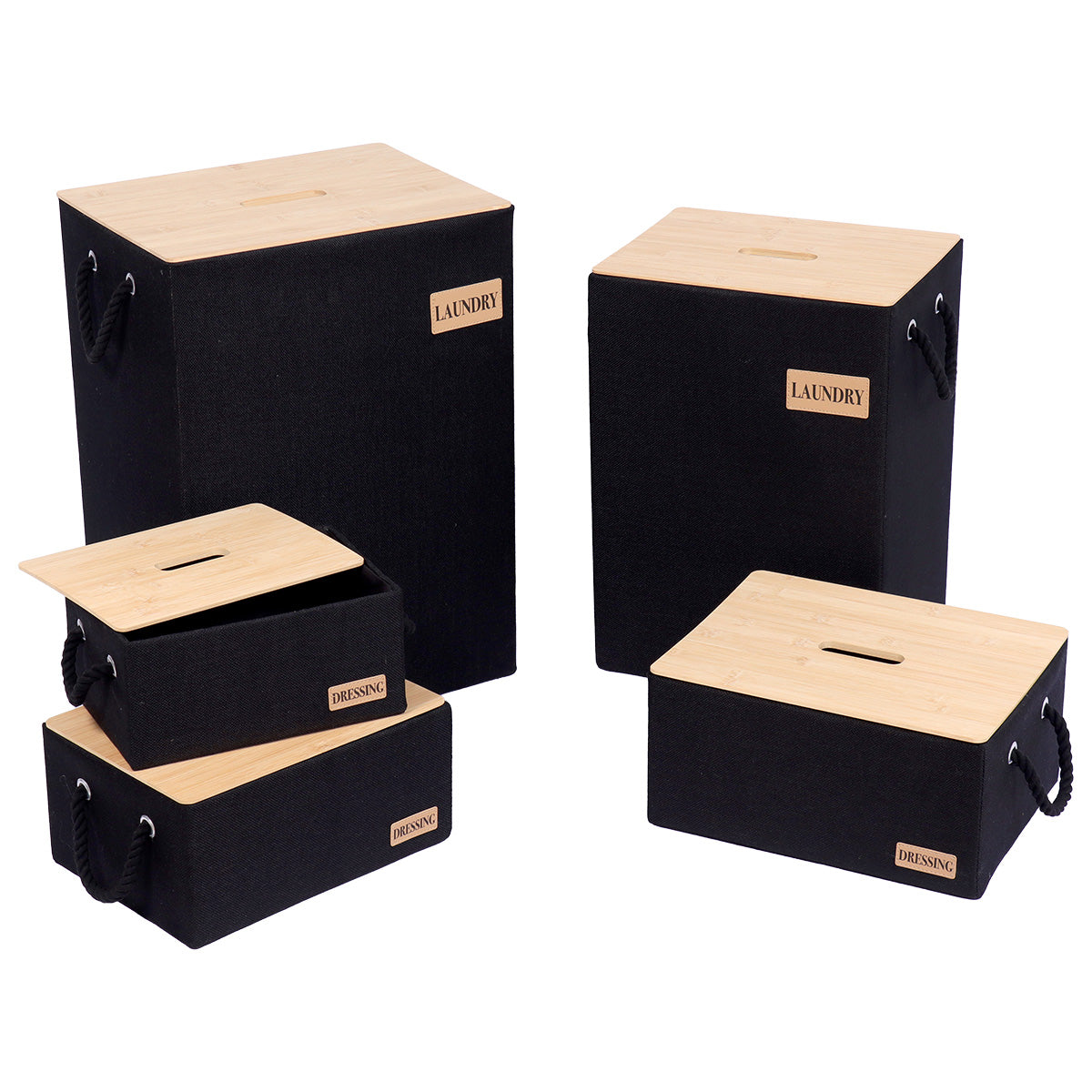 Set 5 coșuri din poliester și carton cu capac din bambus – Negru