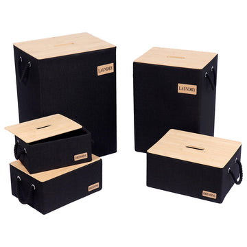 Set 5 coșuri din poliester și carton cu capac din bambus – Negru