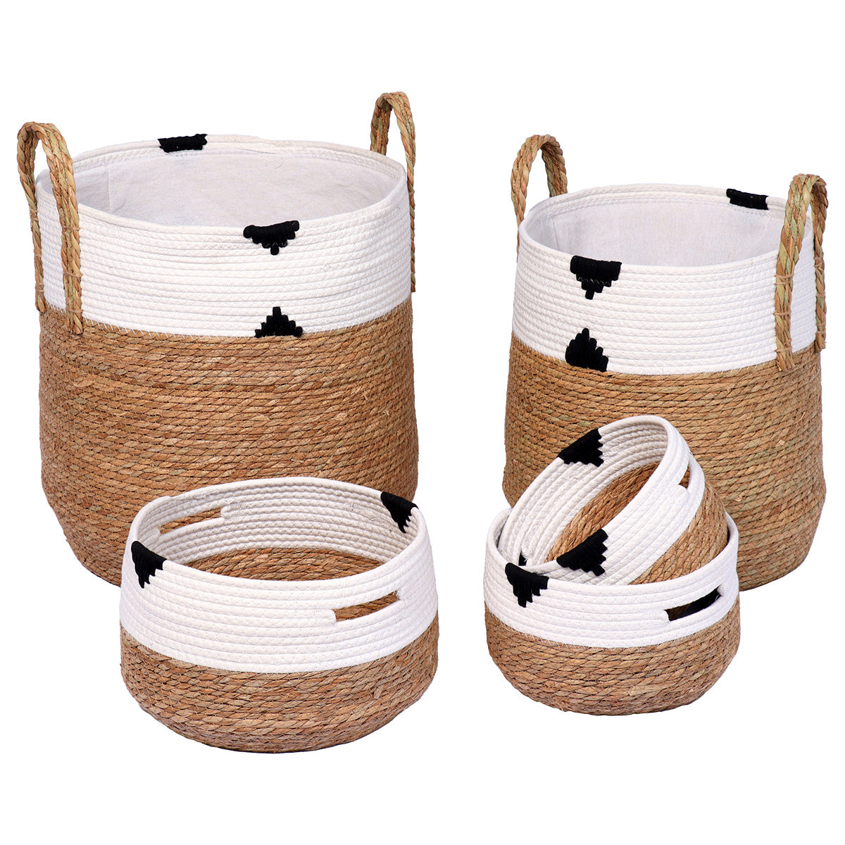 Set 5 coșuri rotunde din bumbac și fibre de mare – Natural/Alb