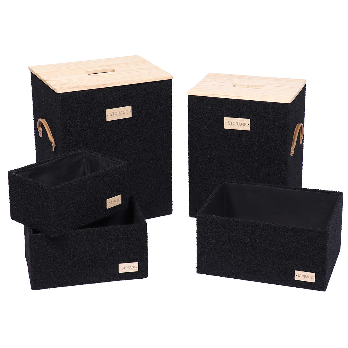 Set 5 coșuri din poliester cu efect catifea și MDF – Negru