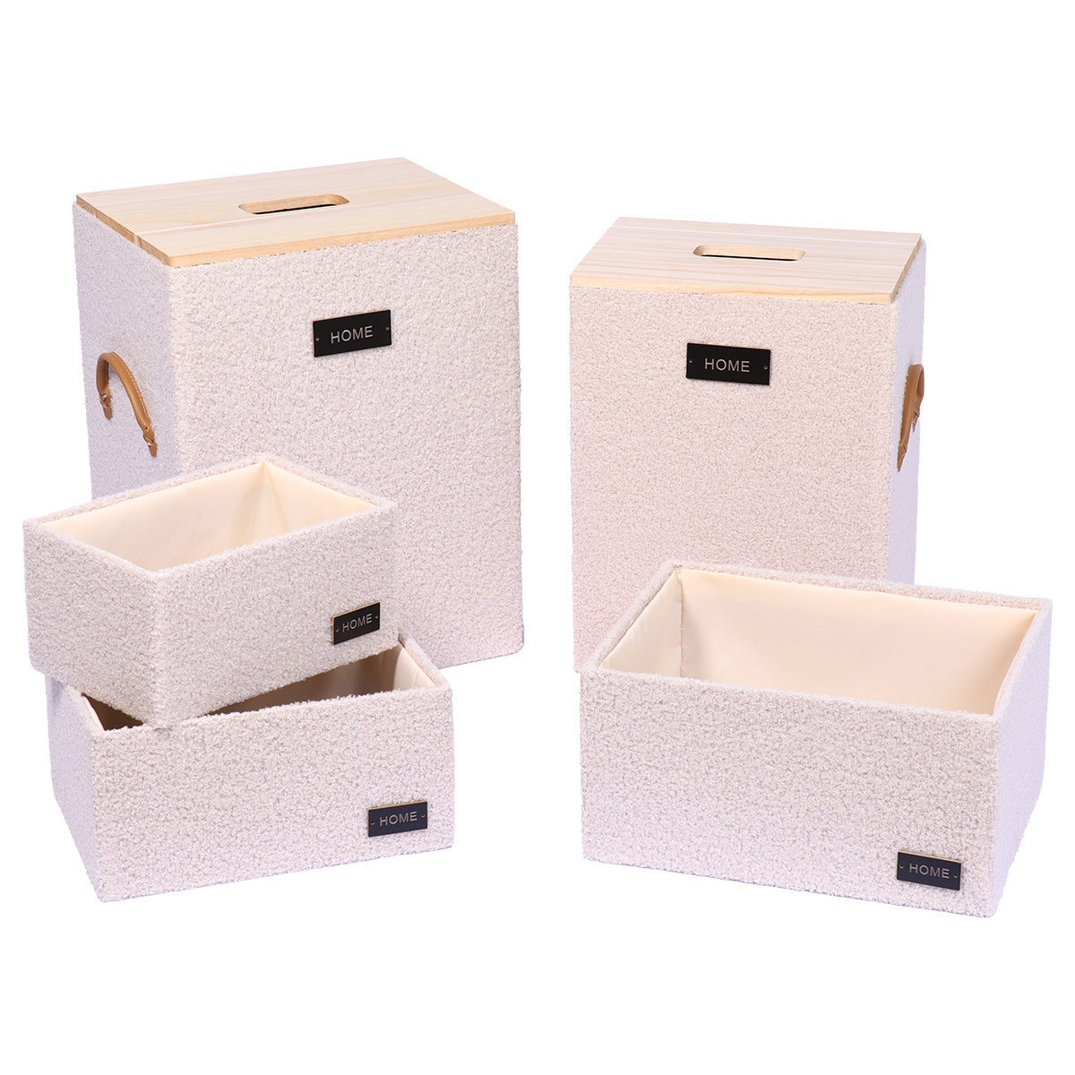 Set 5 coșuri din poliester cu efect catifea și MDF – Bej